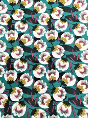 Tissu - Coton enduit - Fleurs émeraudes et amarantes