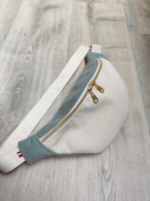 Sac banane “Velours Bicolore Vert Lagon/Crème” — réalisation faite main