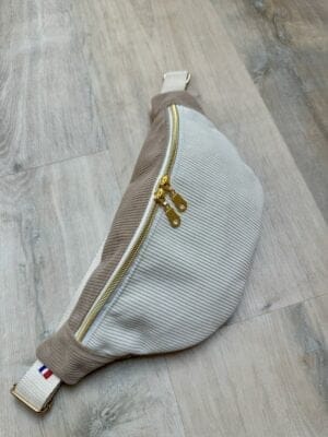 Sac banane “Velours Bicolore Taupe/Crème” — réalisation faite main